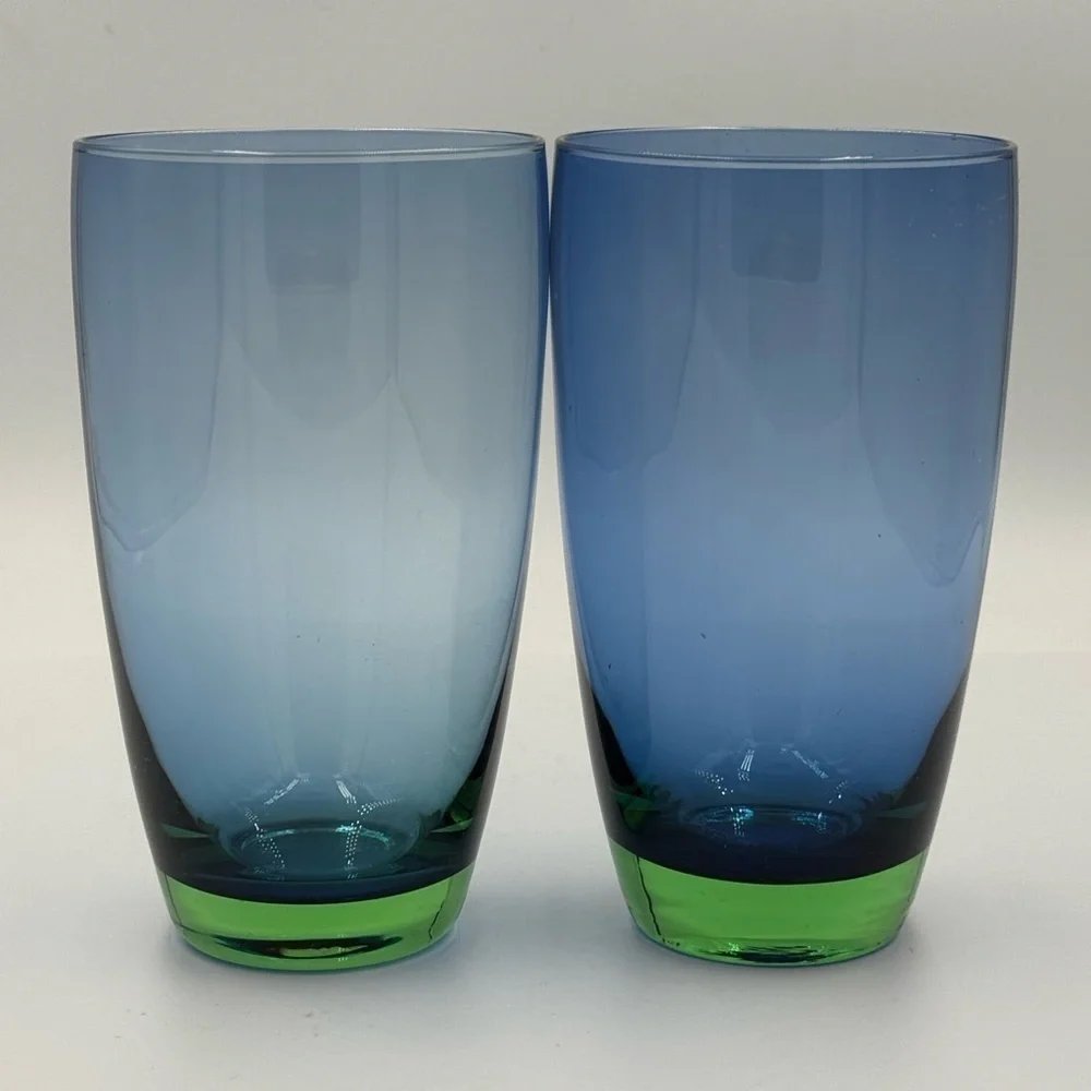 Block Festival Blue Green Highball Blown Glasses Set of 2 Discontinued